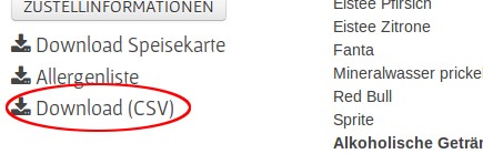 Allergeninformationen Liste CSV Download